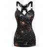 Celestial Sun Moon Star Print Tank Top Butterfly Lace Insert Ruched Surplice O Ring Strap Tank Top