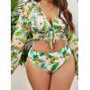 Plus Size Tropical Three Piece Bikini Swimsuit Leaf Print Sheer Cover-up Top Tied Front Halter Vacation Swimwear - multicolor 3XL