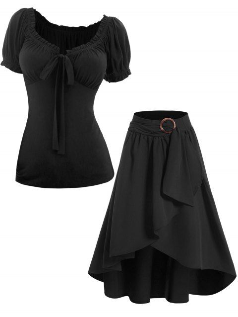Solid Color Ruffles Bowknot Empire Waist Short Sleeve T-shirt And Overlay Self Belted Asymmetrical Hem Midi Skirt Outfit