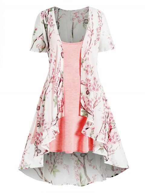 Plus Size Dress Allover Flower Print Sheer Asymmetric Short Sleeve Longline Top And Spaghetti Strap High Waist A Line Cami Dress Set