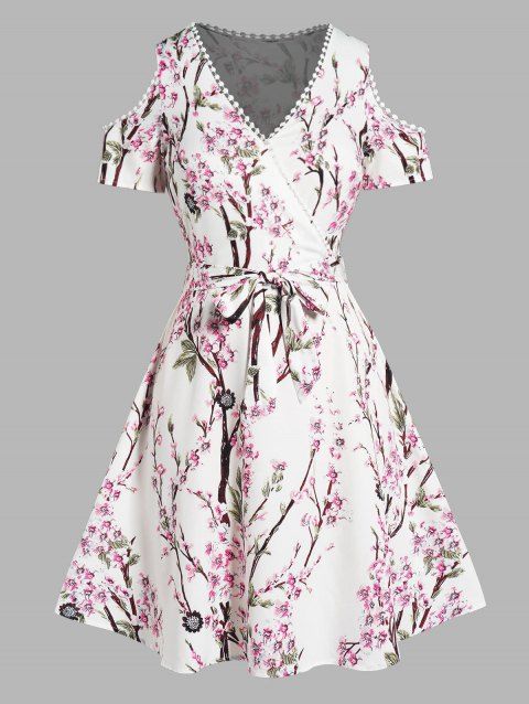 Plus Size Dress Flower Allover Print A Line Dress Cold Shoulder Lace Trim Belted Surplice Dress