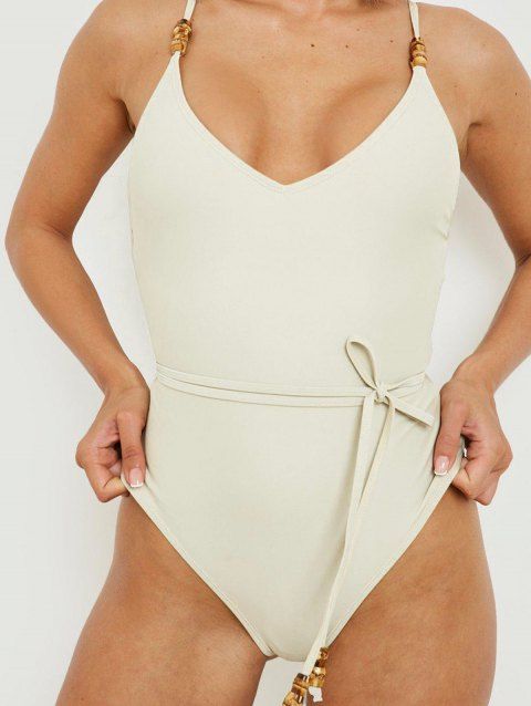 Solid Color Metal Detail One-piece Swimwear Adjustable Strap Padded Belted Beach Swimwear