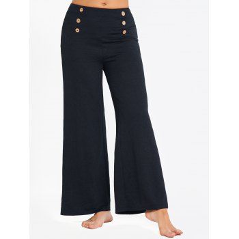 

Solid Color Pants Mock Button Elastic High Waisted Long Wide Leg Pants, Black