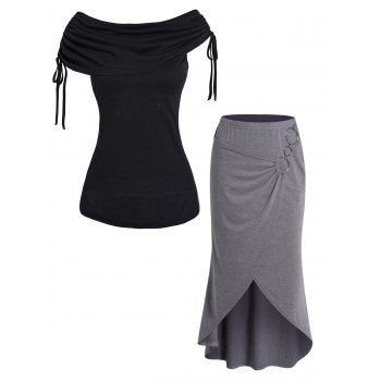 

Plain Color Foldover Cinched Shoulder Scoop Neck Top And O-ring Overlay Asymmetric Elastic Waist Skirt Outfit, Multicolor