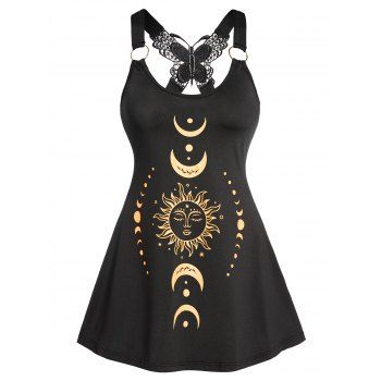 

Celestial Sun Moon Phase Print Tank Top Butterfly Lace O Ring Strap Tank Top, Black