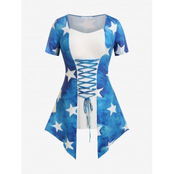 

Plus Size Lace Up Stars Print Asymmetric Tee, Blue