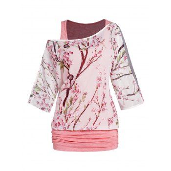 

Peach Flower Print Chiffon Overlay Faux Twinset Top Ruched Skew Collar Slit Sleeve 2 In 1 Top, Light pink