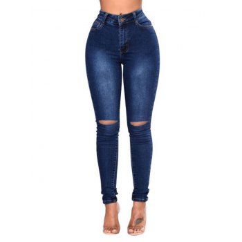 

Ripped Jeans Zipper Fly Pockets Long Casual Skinny Denim Pants, Blue