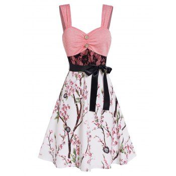 

Colorblock Flower Print Dress Lace Panel Empire Waist Belted Mock Button A Line Mini Dress, Light pink
