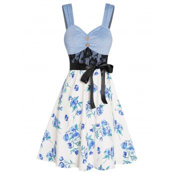 

Colorblock Flower Print Dress Lace Panel Empire Waist Belted Mock Button A Line Mini Dress, Light blue