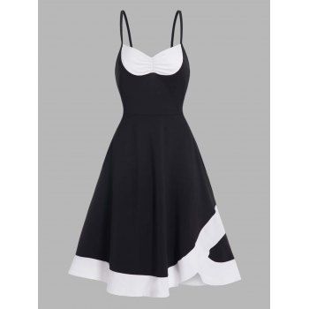 

Two Tone High Waist Dress Crossover Hem Spaghetti Strap A Line Cami Dress, Black