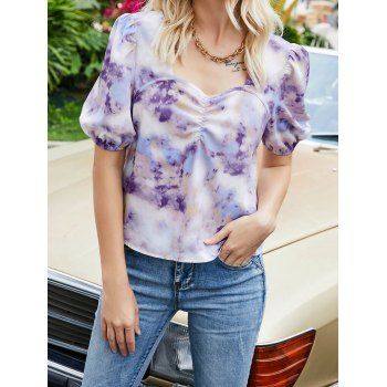 

Tie Dye Print Blouse Sweetheart Neck Ruched Short Sleeve Casual Blouse, Purple