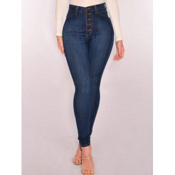 

Dark Wash Jeans Button Fly Pockets High Waisted Skinny Denim Pants, Blue