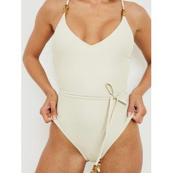 

Solid Color Metal Detail One-piece Swimwear Adjustable Strap Padded Belted Beach Swimwear, White