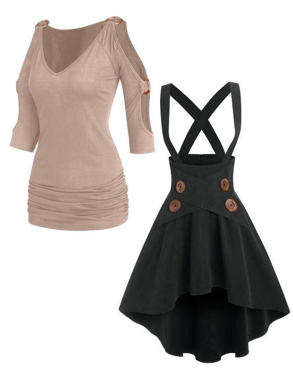 Ensemble de T-shirt Décontracté Long Ruché Anneau en O à Epaule Dénudée à Col V et Jupe Haute Basse Faux Bouton - multicolor S