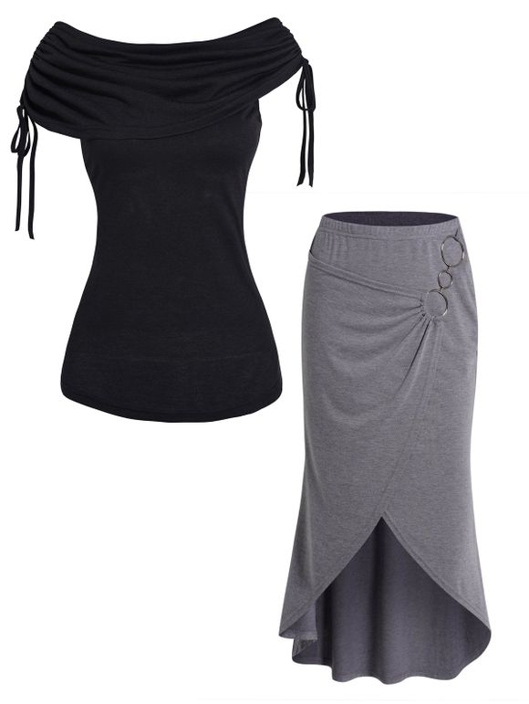 Ensemble de Jupe Asymétrique Anneau en O à Taille Elastique et Top à Epaule Cintrée Encolure Dégagée en Couleur Unie - multicolor S