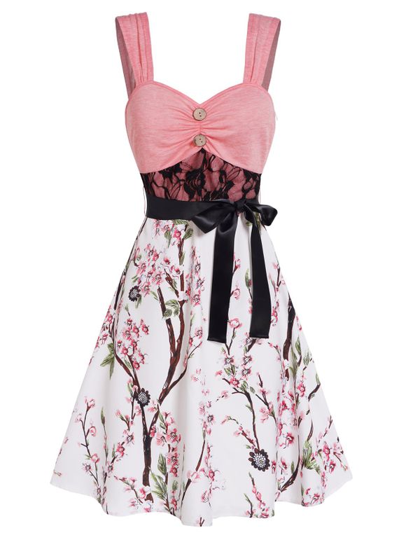 Colorblock Flower Print Dress Lace Panel Empire Waist Belted Mock Button A Line Mini Dress - LIGHT PINK XXL