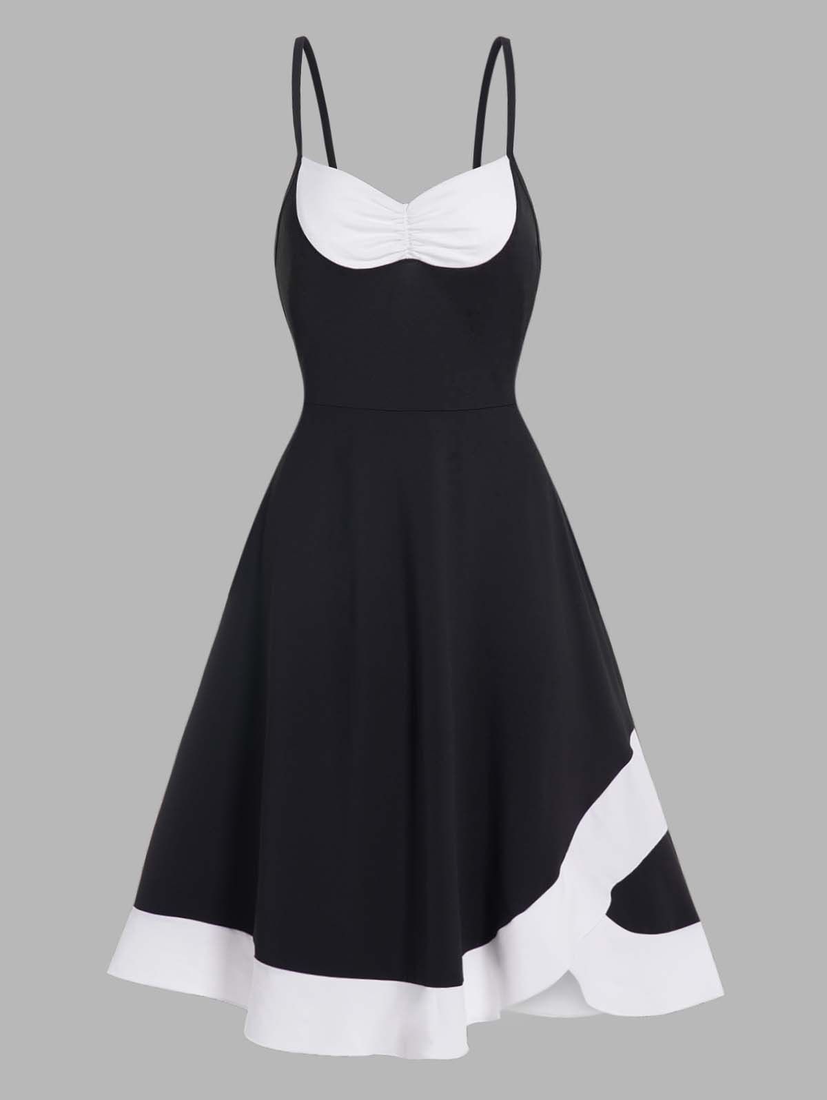 Two Tone High Waist Dress Crossover Hem Spaghetti Strap A Line Cami Dress - BLACK XXL