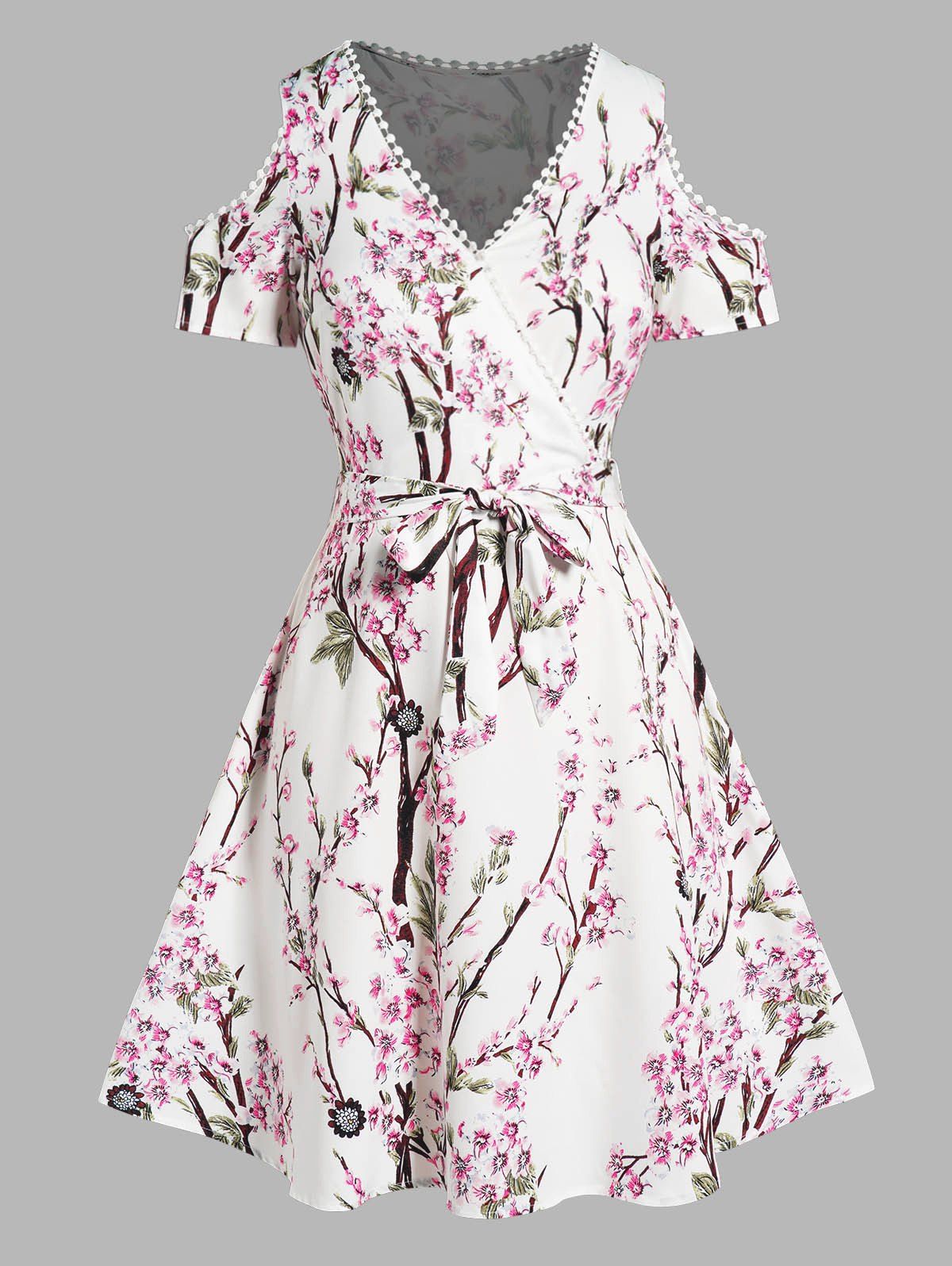 Plus Size Dress Flower Allover Print A Line Dress Cold Shoulder Lace Trim Belted Surplice Dress - WHITE 5X