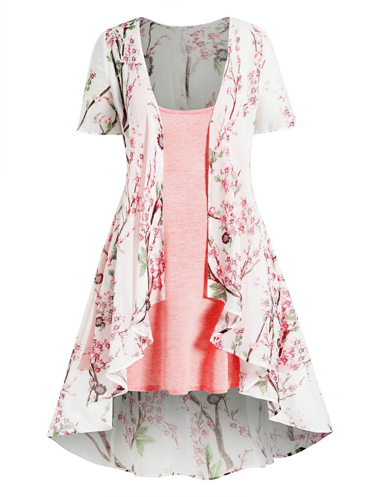 Plus Size Dress Allover Flower Print Sheer Asymmetric Short Sleeve Longline Top And Spaghetti Strap High Waist A Line Cami Dress Set - LIGHT PINK 5X
