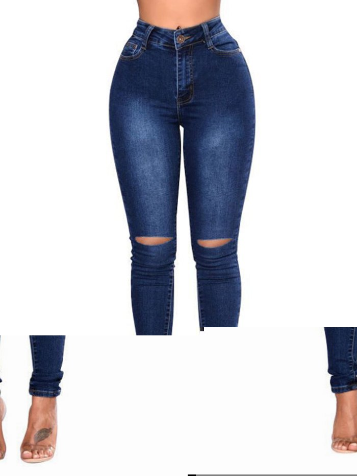 Ripped Jeans Zipper Fly Pockets Long Casual Skinny Denim Pants - BLUE S