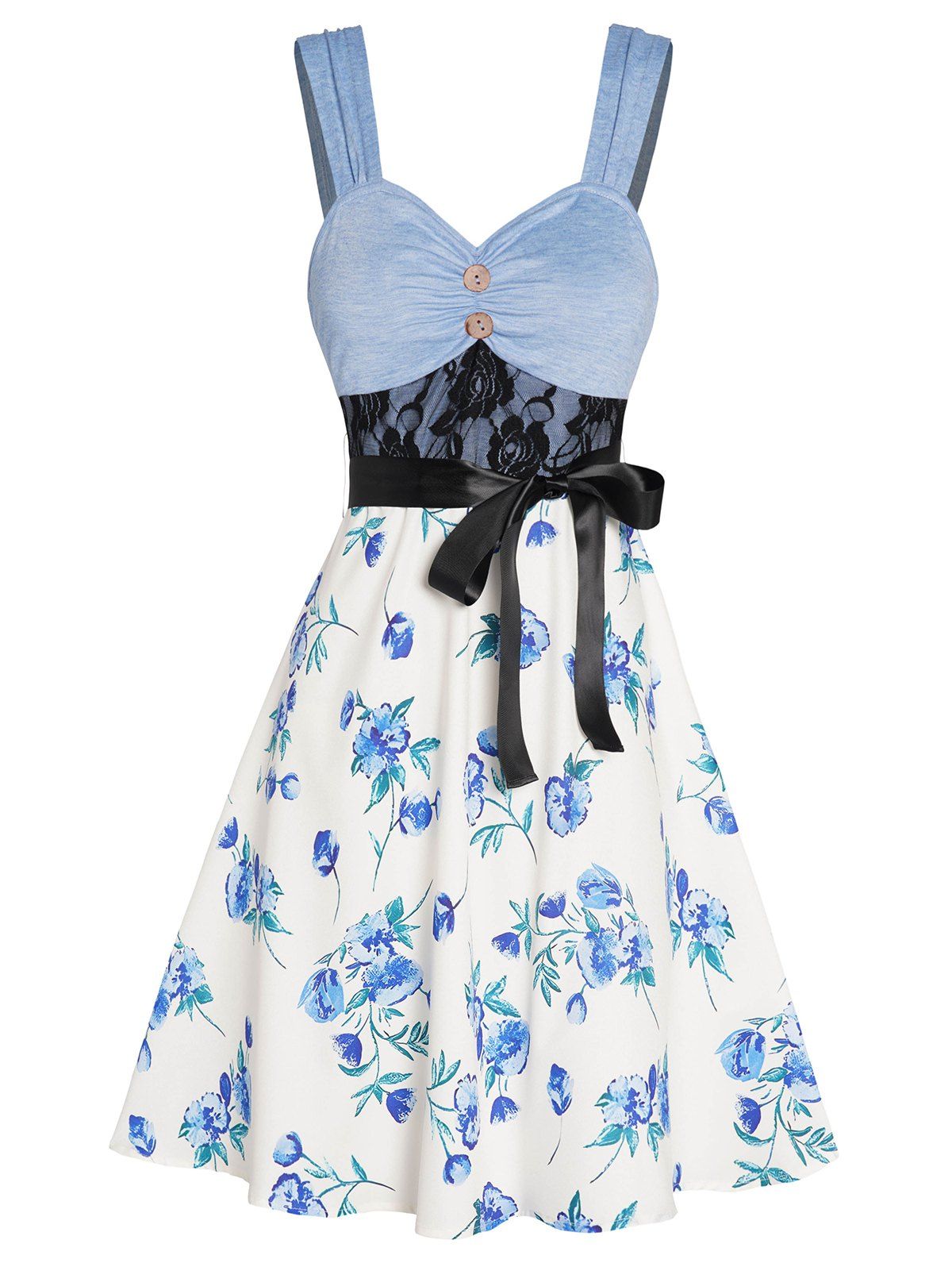 Colorblock Flower Print Dress Lace Panel Empire Waist Belted Mock Button A Line Mini Dress - LIGHT BLUE L