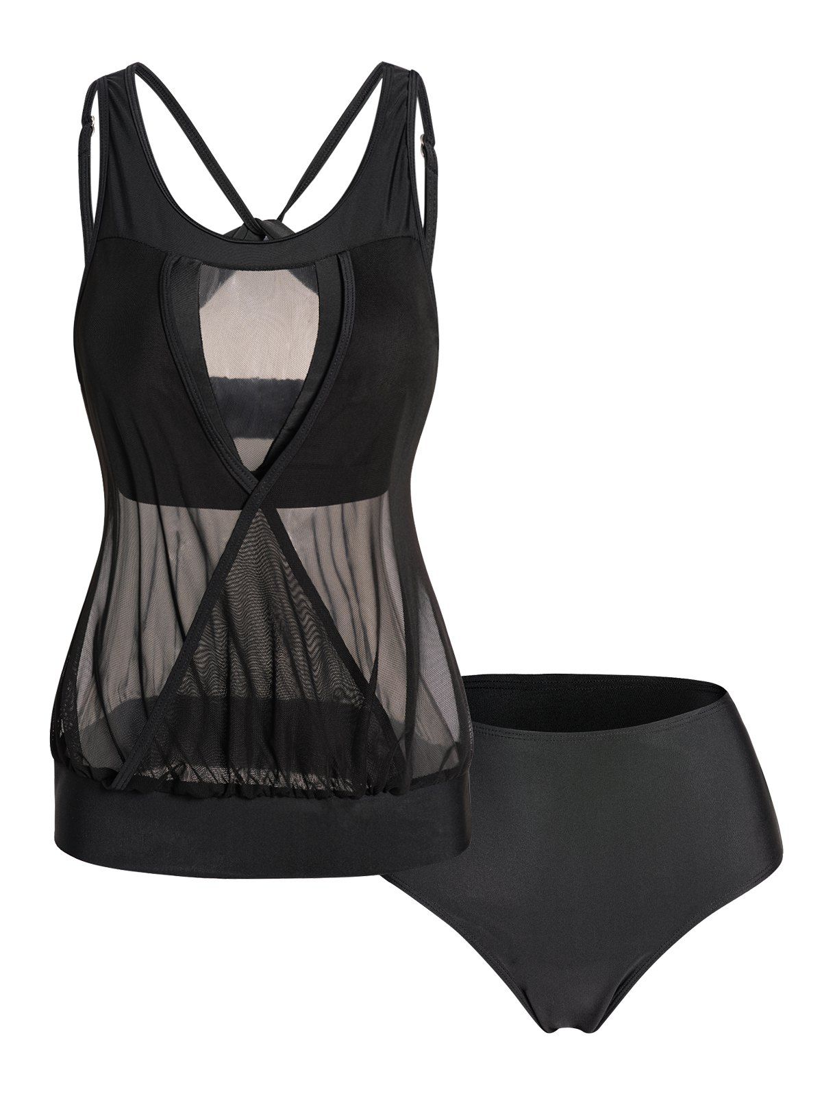 Modest Tankini Swimsuit Surplice Mesh Backless Swimwear Padded Tummy Control Bathing Suit - BLACK XL