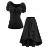 Solid Color Ruffles Bowknot Empire Waist Short Sleeve T-shirt And Overlay Self Belted Asymmetrical Hem Midi Skirt Outfit - BLACK S