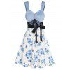 Colorblock Flower Print Dress Lace Panel Empire Waist Belted Mock Button A Line Mini Dress - LIGHT BLUE S