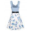 Colorblock Flower Print Dress Lace Panel Empire Waist Belted Mock Button A Line Mini Dress - LIGHT BLUE M