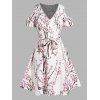 Plus Size Dress Flower Allover Print A Line Dress Cold Shoulder Lace Trim Belted Surplice Dress - WHITE 5X