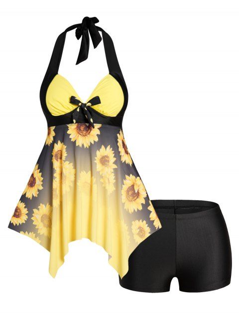 Plus Size Tankini Swimsuit Sunflower Print Halter Vacation Modest Swimsuit Padded Boyleg Bathing Suit