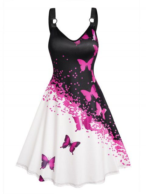 Colorblock Butterfly Print Dress Sleeveless O Ring V Neck Cami Dress