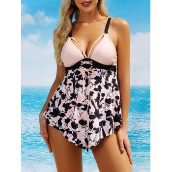 

Contrasting Leaf Print Asymmetric Tummy Control Tankini Swimsuit Plunge Lace Up Tankini Two Piece Swimwear High Waist Bathing Suit, Light pink