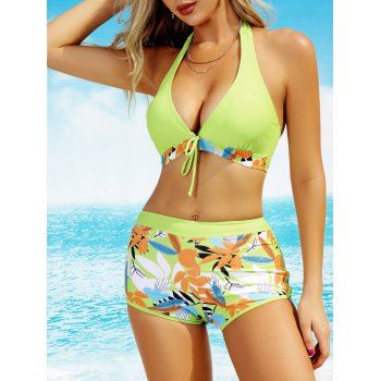 

Vacation Bikini Swimsuit Colored Leaf Print Bowknot Halter Swimwear Padded Boyshorts Beach Bikini Swimwear, Green