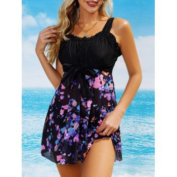 

Vacation Tankini Swimsuit Ruffle Bowknot Flower Print Swimwear Sheer Mesh Modest Bathing Suit, Black