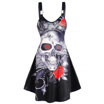 

Skull Flower Spider Web Print Gothic Tank Dress O-ring Straps Sleevless A Line Dress, Black