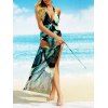 Tropical One-piece Swimsuit Leaf Print Padded Halter Swimwear And Mesh Wrap Sarong Set - GREEN L