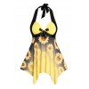 Plus Size Tankini Swimsuit Sunflower Print Halter Vacation Modest Swimsuit Padded Boyleg Bathing Suit - YELLOW 1X