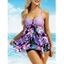 Maillot de Bain Tankini Asymétrique à Imprimé Fleur à Double Bretelle avec Trou de Serrure - Violet clair XL