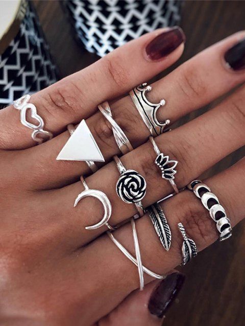 10 Pcs Rose Heart Moon Crown Triangle Trendy Rings Set