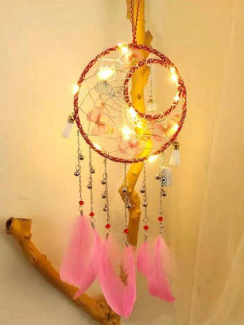 Butterfly Artificial Crystal Bell Fringe Faux Feather LED Hanging Wall Dream Catcher Home Decor