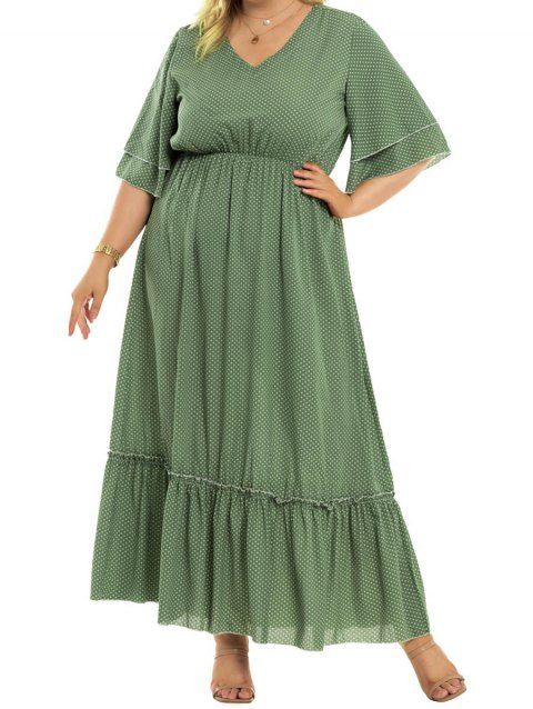 Plus Size & Curve Dress Polka Dots Print Maxi Dress V Neck High Waist Flounce Long Dress