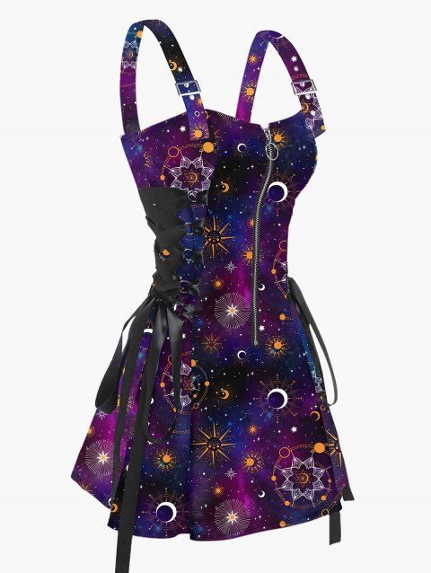Galaxy Sun Star Print Dress Half Zipper Lace Up High Waisted Strap A Line Mini Dress