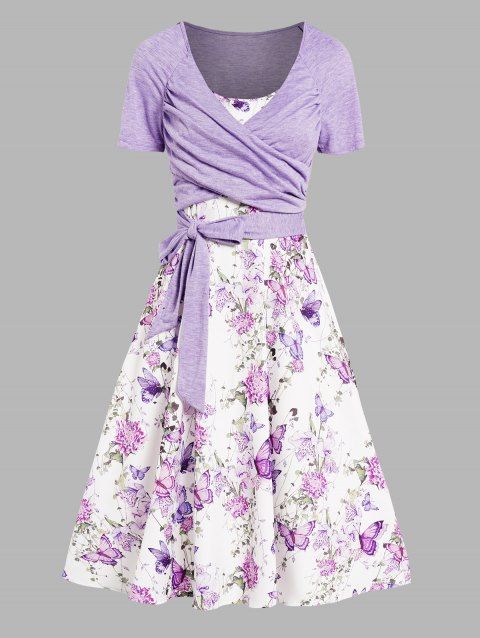 Butterfly Floral Print A Line Vacation Sundress and Bowknot Surplice T Shirt Two Piece Summer Set