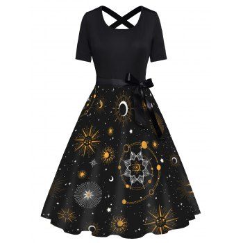 

Celestial Sun Moon Star Galaxy Print Short Sleeve Dress Bowknot Cross High Waist A Line Dress, Black