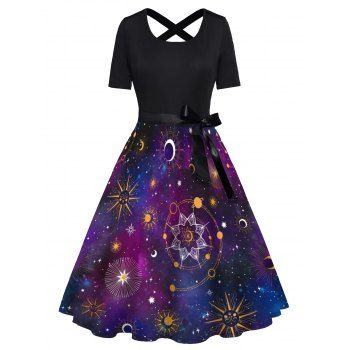 

Celestial Sun Moon Star Galaxy Print Short Sleeve Dress Bowknot Cross High Waist A Line Dress, Purple