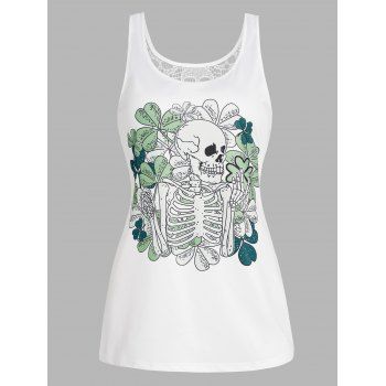 

Leaf Skull Skeleton Print Tank Top See Thru Lace Insert Scoop Neck Casual Tank Top, White