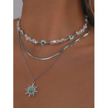 

Faux Pearl Turquoise Sun Pendant Layered Necklace, Silver