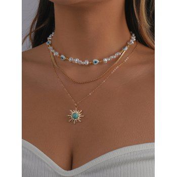

Faux Pearl Turquoise Sun Pendant Layered Necklace, Golden